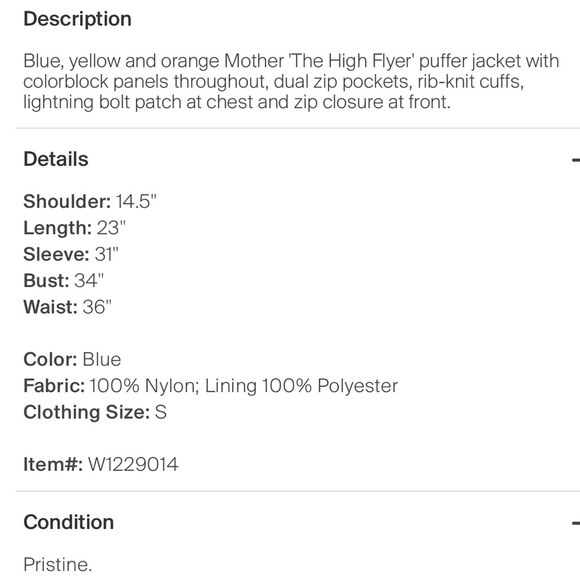 Mother “The High Flyer”puffer jacket. Blue/orange/yellow with zip & ribbed cuffs - Picture 4 of 4